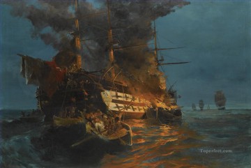 海戦 Painting - コンスタンティノス・ヴォラナキス海戦によるトルコのフリゲート艦の炎上